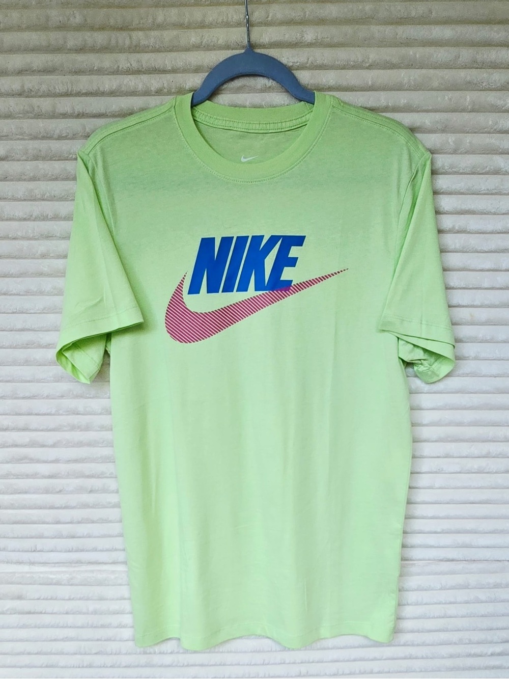 Nike Lime Green Short Sleeve Tee with Blue Logo and Pink Swoosh